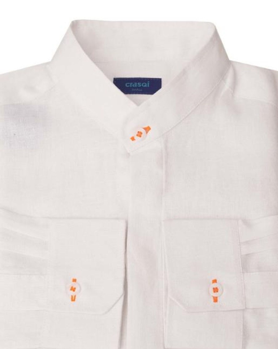 Men Crasqi | Menorca Linen Shirt-White/Neon Orange