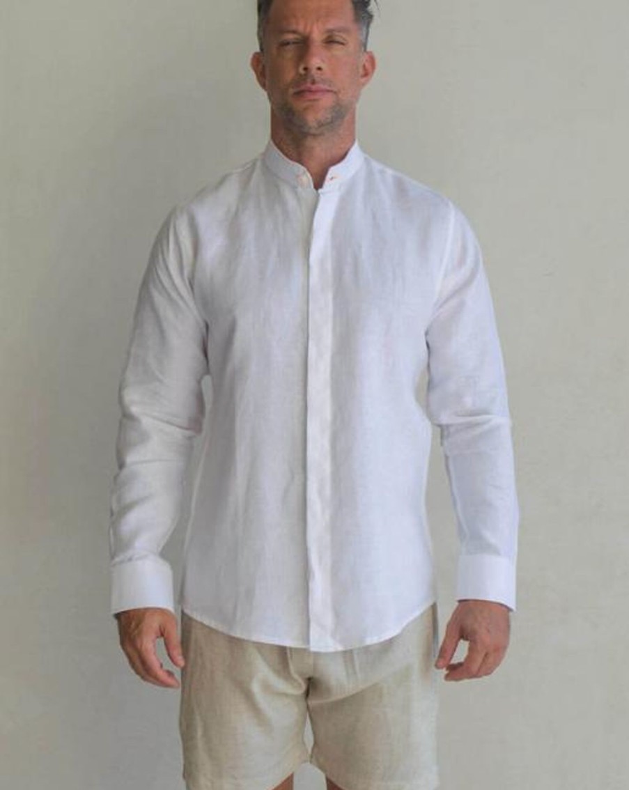 Men Crasqi | Menorca Linen Shirt-White/Neon Orange