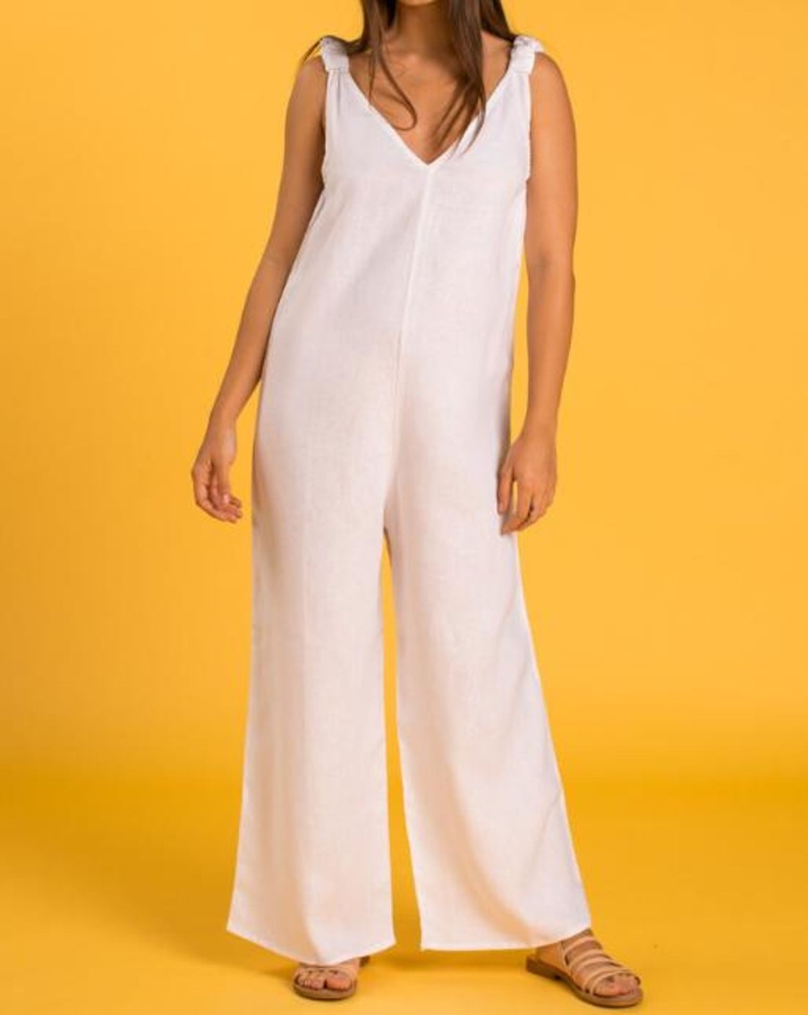 Women Crasqi Jumpsuits | Panarea Linen Jumper-White