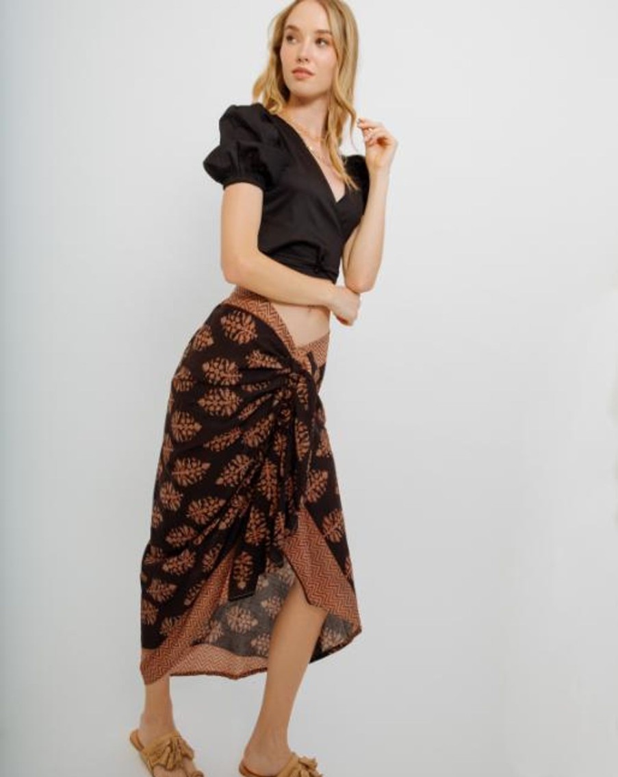 Women Guadalupe Cover Ups | Black/ Terracota Leaves Pareo Skirt