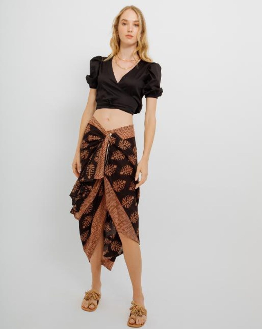 Women Guadalupe Cover Ups | Black/ Terracota Leaves Pareo Skirt