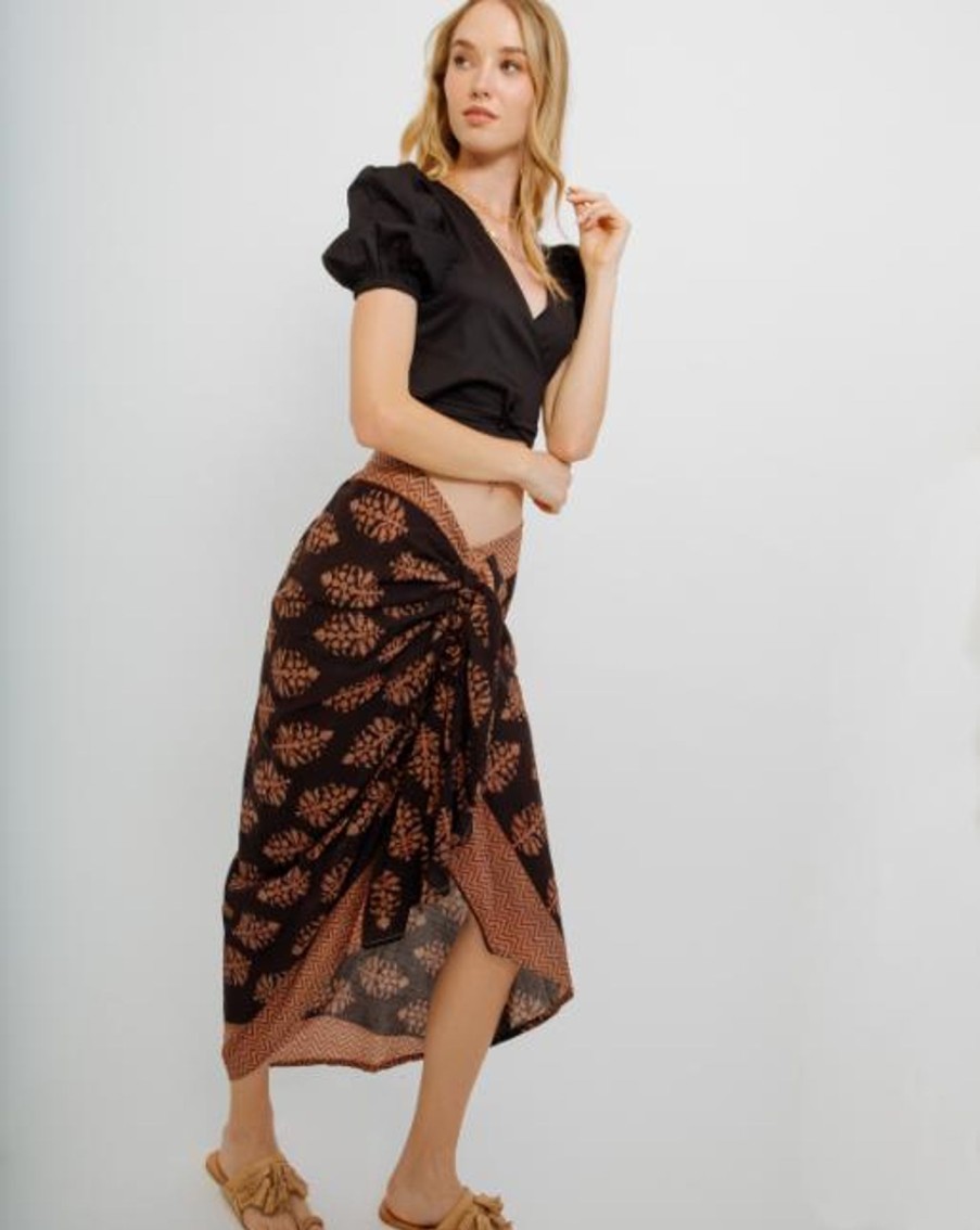 Women Guadalupe Skirts | Black/ Terracota Leaves Pareo Skirt