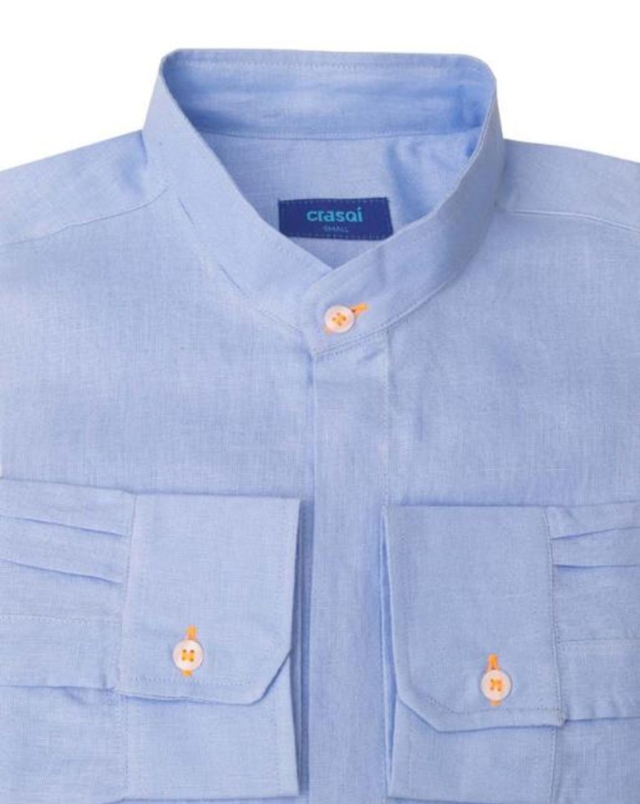 Men Crasqi | Menorca Linen Shirt-Blue Sky/Neon Orange