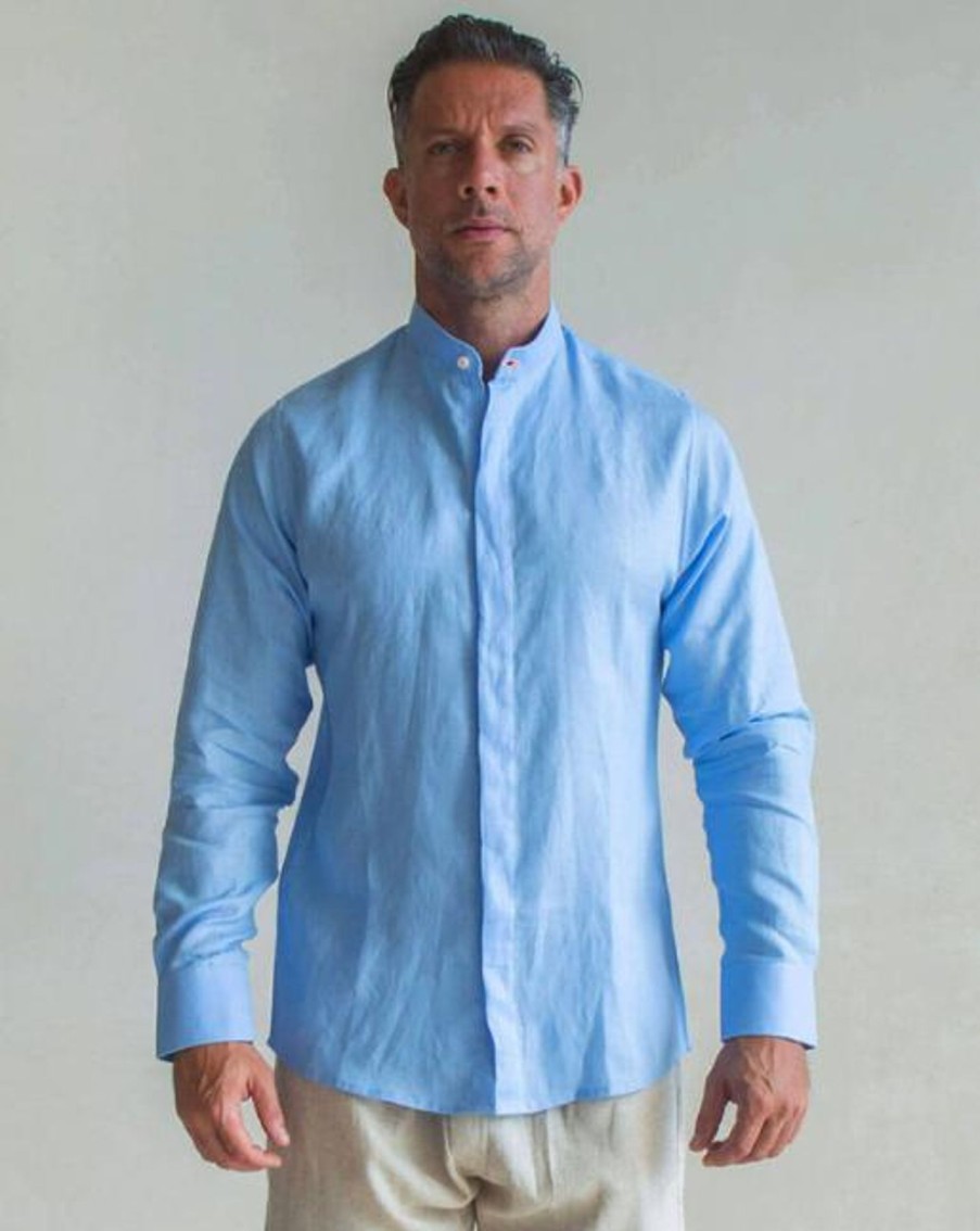 Men Crasqi | Menorca Linen Shirt-Blue Sky/Neon Orange