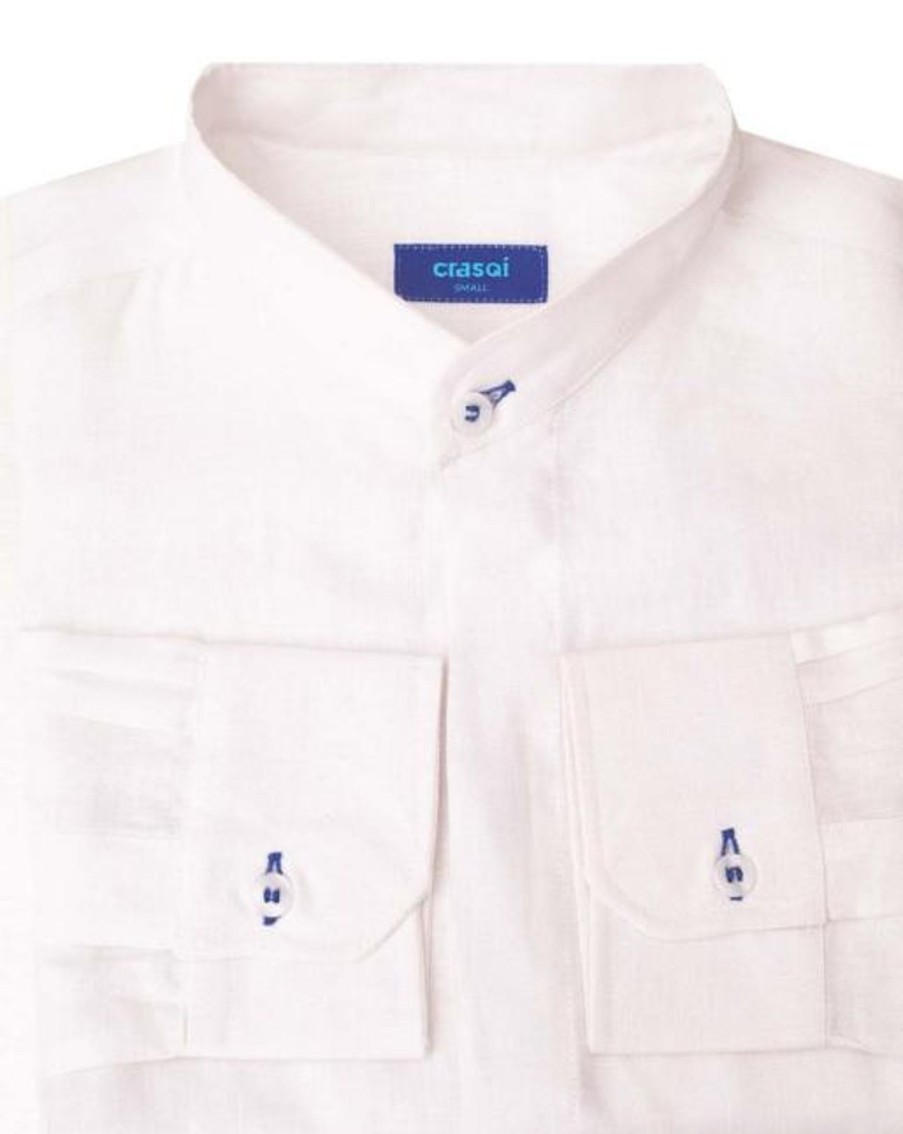 Men Crasqi | Menorca Linen Shirt-White/Royal Blue