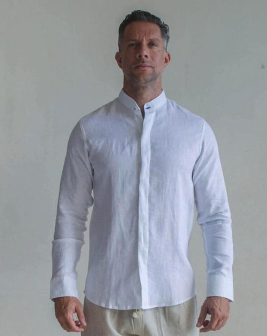 Men Crasqi | Menorca Linen Shirt-White/Royal Blue