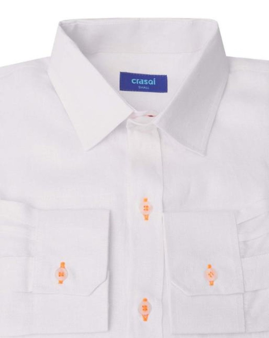 Men Crasqi | Mallorca Linen Shirt-White/Neon Orange