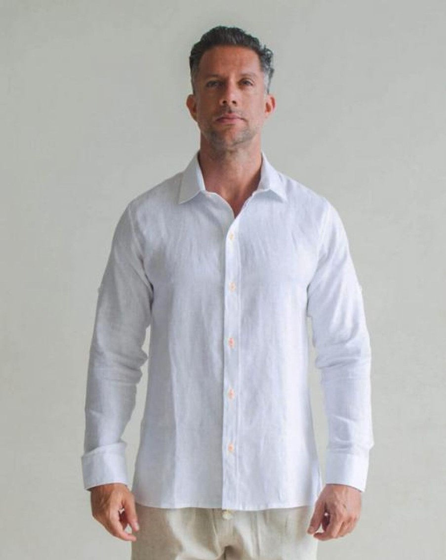 Men Crasqi | Mallorca Linen Shirt-White/Neon Orange